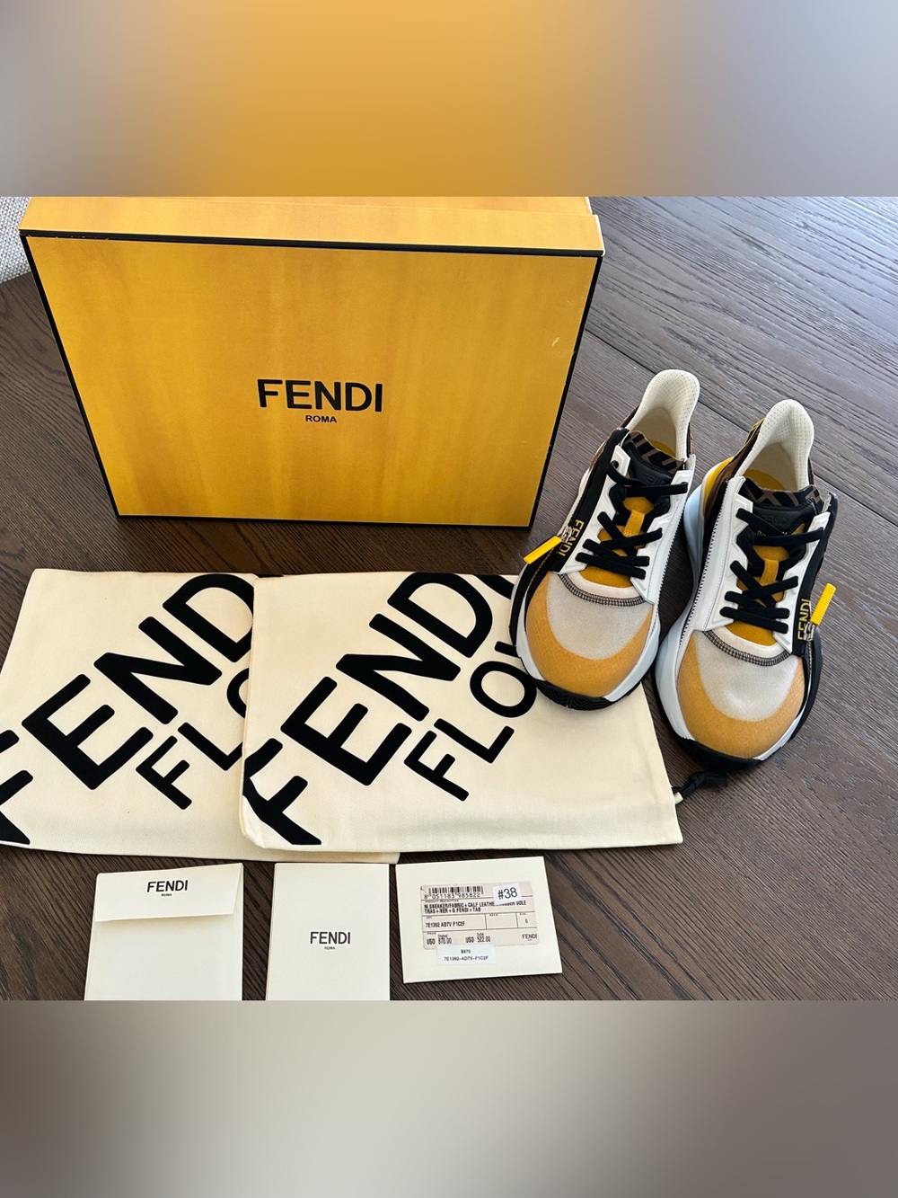 Fendi Unisex Sneakers in Yellow, White & Black Size US 9